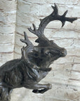Elk Deer Caribou Stag Buck Jumping Bronze Statue Sculpture on Marble Base