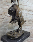 Bronze Sculpture Statue of Native American Indian Man Jumping over Buffalo & Horse