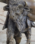 Bronze Sculpture Statue of Native American Indian Man Jumping over Buffalo & Horse