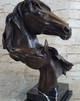 Two Horses Bust Sculpture Real Bronze Signed Original Equine Art by Milo on Marble Base