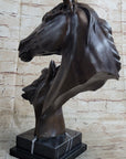 Two Horses Bust Sculpture Real Bronze Signed Original Equine Art by Milo on Marble Base
