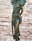 Native American Indian Female Warrior w/ Feathered War Bonnet Bronze Figure Sculpture Statue