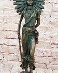 Native American Indian Female Warrior w/ Feathered War Bonnet Bronze Figure Sculpture Statue