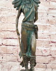 Native American Indian Female Warrior w/ Feathered War Bonnet Bronze Figure Sculpture Statue