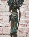 Native American Indian Female Warrior w/ Feathered War Bonnet Bronze Figure Sculpture Statue