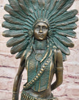 Native American Indian Female Warrior w/ Feathered War Bonnet Bronze Figure Sculpture Statue
