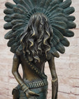 Native American Indian Female Warrior w/ Feathered War Bonnet Bronze Figure Sculpture Statue