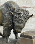 Bronze American Bison Wildlife Sculpture on Marble Base Signed C. Russell