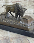 Bronze American Bison Wildlife Sculpture on Marble Base Signed C. Russell