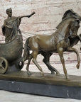 Roman Caesar Pulled by Horses on Chariot Bronze Statue Sculpture Figure 11" x 17"