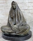 Native American Indian Shaman Medicine Man Sitting Cross Legged Bronze Statue Sculpture