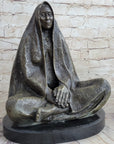 Native American Indian Shaman Medicine Man Sitting Cross Legged Bronze Statue Sculpture