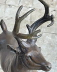 Signed Villanis Male Deer Buck Hunting Bronze Sculpture Marble Figurine Figure