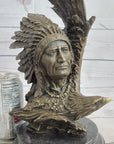Native American Man & Eagle Bronze Metal Bust Sculpture Statue on Marble Base