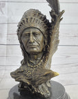 Native American Man & Eagle Bronze Metal Bust Sculpture Statue on Marble Base