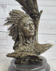 Native American Man & Eagle Bronze Metal Bust Sculpture Statue on Marble Base