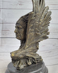 Native American Man & Eagle Bronze Metal Bust Sculpture Statue on Marble Base