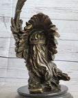 Native American Man & Eagle Bronze Metal Bust Sculpture Statue on Marble Base