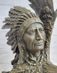 Native American Man & Eagle Bronze Metal Bust Sculpture Statue on Marble Base
