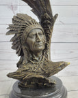 Native American Man & Eagle Bronze Metal Bust Sculpture Statue on Marble Base