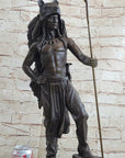 Native American Indian Warrior in Bear Skin Headdress Bronze Statue Sculpture Figure 22" x x11"