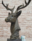 Stag Buck Deer Elk Head Bust Bronze Sculpture Statue on Marble Base