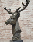 Stag Buck Deer Elk Head Bust Bronze Sculpture Statue on Marble Base