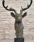 Stag Buck Deer Elk Head Bust Bronze Sculpture Statue on Marble Base