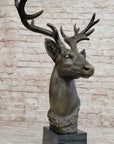 Stag Buck Deer Elk Head Bust Bronze Sculpture Statue on Marble Base