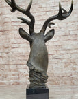 Stag Buck Deer Elk Head Bust Bronze Sculpture Statue on Marble Base