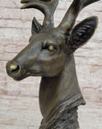 Stag Buck Deer Elk Head Bust Bronze Sculpture Statue on Marble Base