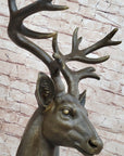 Stag Buck Deer Elk Head Bust Bronze Sculpture Statue on Marble Base