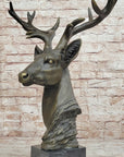 Stag Buck Deer Elk Head Bust Bronze Sculpture Statue on Marble Base