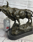 Bull Cow Cattle Farm Animal Bronze Metal Statue Sculpture on Marble Base
