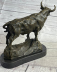 Bull Cow Cattle Farm Animal Bronze Metal Statue Sculpture on Marble Base