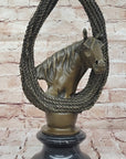 Bronze Horse Head with Braided Lasso Sculpture on Marble Base