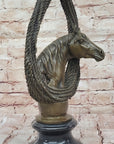 Bronze Horse Head with Braided Lasso Sculpture on Marble Base