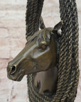 Bronze Horse Head with Braided Lasso Sculpture on Marble Base
