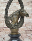 Bronze Horse Head with Braided Lasso Sculpture on Marble Base