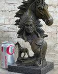 Native American Indian Bust w/ Horses Bronze Statue Sculpture Original Art Decor