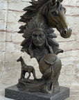 Native American Indian Bust w/ Horses Bronze Statue Sculpture Original Art Decor