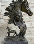 Native American Indian Bust w/ Horses Bronze Statue Sculpture Original Art Decor