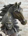 Native American Indian Bust w/ Horses Bronze Statue Sculpture Original Art Decor