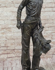Tall Cowboy Holding Horse Saddle - Western Art Decor Bronze Sculpture Statue on Marble Base