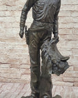 Tall Cowboy Holding Horse Saddle - Western Art Decor Bronze Sculpture Statue on Marble Base