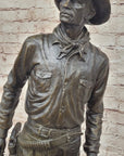 Tall Cowboy Holding Horse Saddle - Western Art Decor Bronze Sculpture Statue on Marble Base