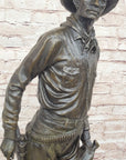 Tall Cowboy Holding Horse Saddle - Western Art Decor Bronze Sculpture Statue on Marble Base