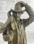 Country Western Cowboy Hauling Saddle Bronze Sculpture Statue Art Decor