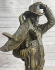 Country Western Cowboy Hauling Saddle Bronze Sculpture Statue Art Decor