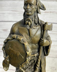Native American Warrior w/ Tomahawk Bronze Sculpture Statue on Marble Base
